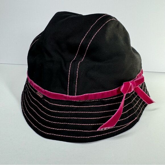 Vintage Y2K Mudd Black Quilted Bucket Hat Pink Velvet Bow Detail One Size - Picture 1 of 9